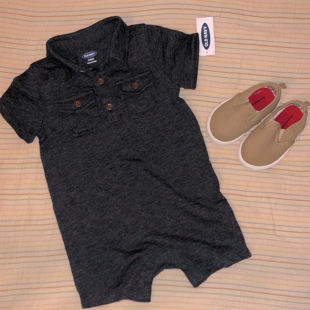 NWT One Piece outfit + size 3 slip on shoes